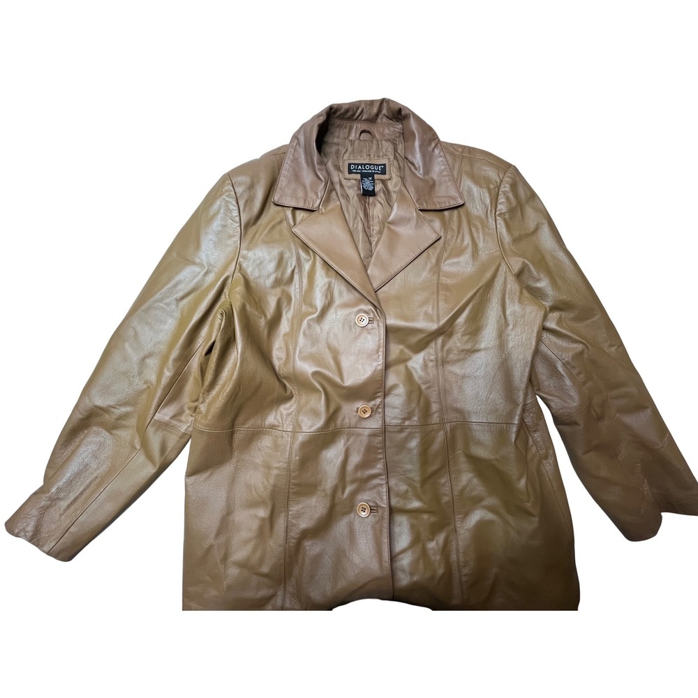 Dialogue Womens Tan Genuine Leather Blazer Jacket 1X Brown vintage Button Up